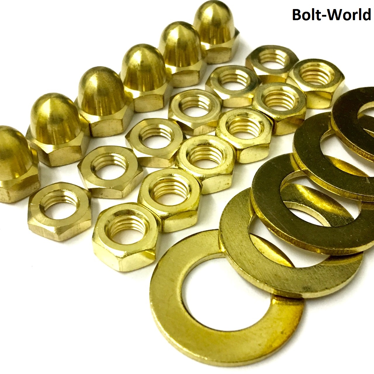 SOLID BRASS FULL NUTS , HALF, DOME NUTS, FLAT FORM A & B WASHERS, CUP