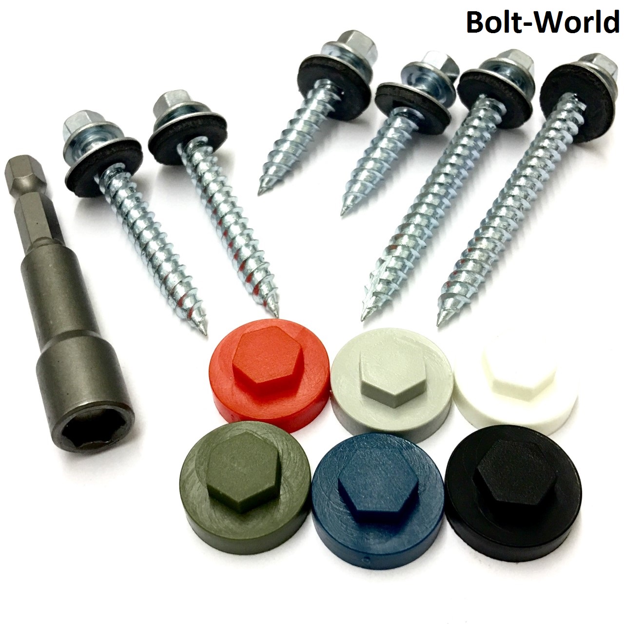 6.3mm 14g TEK ROOFING SCREWS HEX HEAD + SEALING WASHER + COVER CAPS